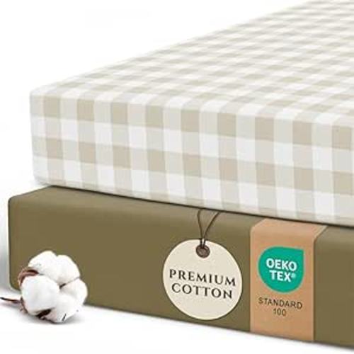 Pobi Baby Crib Sheets for Boys, Soft Cotton Blend, 2-Pack (Gingham Khaki) | Fitted Crib Sheet, Standard Mattress 52x28, Toddler Mattress Sheets, Breathable, Snug, Newborn, Machine Wash, Nursery Bedding