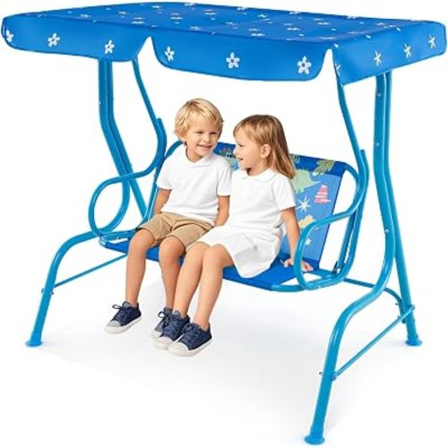 Kids Porch Swing, 2-Seater Outdoor Lounge Chair with Adjustable Canopy & Safety Belts, Metal Stand Hanging Swing Bench, Patio Swing for Backyard, Patio, Lawn, Garden (Blue Dinosaur)