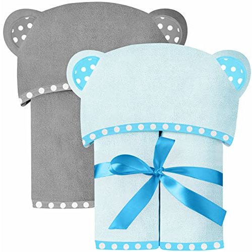 ELSVIN Set of 2 Hooded Baby Towels – Blue and Grey – Luxurious, Large and Super Absorbent – 30 x 30 Inch – Soft and Suitable for Infants, Toddlers and Kids – 400 GSM