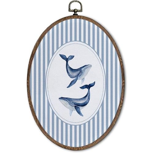 FLAWAFLOMA Vintage Nautical Nursery Oval Wall Art Decor, Kids Room Canvas Wall Art Framed, Retro Whale Hanging Decorations for Kids Toddler Boy Nursery Room Playroom Decor, 8.6x11.4 Inch