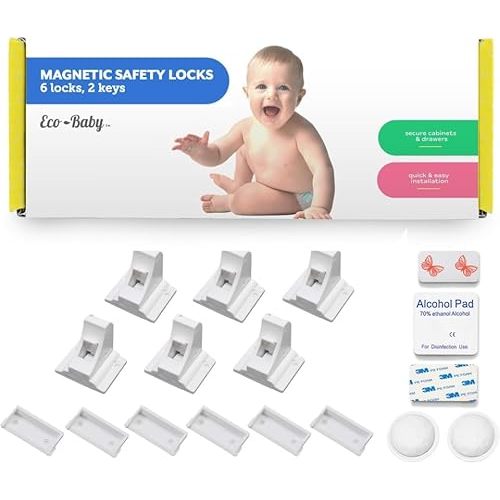 Magnetic Cabinet Locks for Babies (6 Pack Locks with 2 Keys), Eco Baby Baby Proofing Cabinet Locks, Child Locks for Cabinets Drawers Doors, Easy Installation No Tools Required