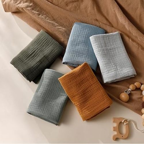 Muslin Receiving Blankets, Neutral Burp Cloths Swaddle Blanket for Newborn Boys and Girls, 5 Pack Breathable and Skin-Friendly Swaddle Wrap for Infant Baby (Bright Colors)