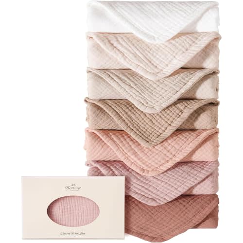 Konssy 7-Pack Muslin Baby Burp Cloths, 6-Layer 100% Cotton | Soft & Absorbent, Easy to Wash & Dry Quickly, Large Burping Clothes for Unisex Newborn, Baby Girls and Boys (Pink)