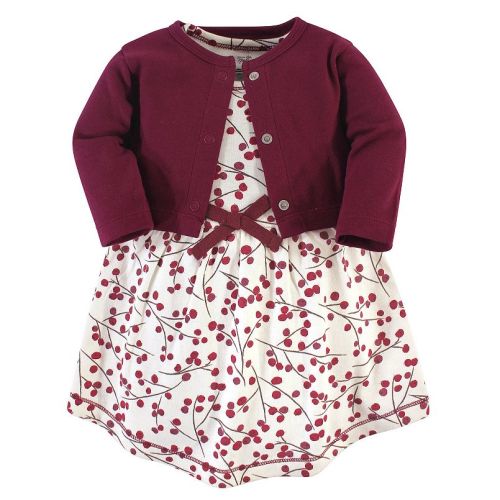 Touched by Nature Baby and Toddler Girl Organic Cotton Dress and Cardigan 2pc Set, Berry Branch