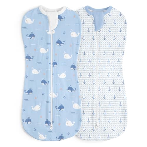 Baby Swaddle 0-2 Months, Cotton Arm-In Zipper Sleep Sack, Wearable Blankets Wrap for Newborn Infant Girls and Boys (Whale, Anchor, Pack of 2)