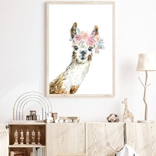 Llama Nursery Wall Art Llama with Flower Canvas Art Llama Pictures Wall Decor Coloring Alpaca Mural Artwork Flower Nursery Poster Cute Animal Prints Decor for Bedroom Living Room 16x24 Inch Unframed
