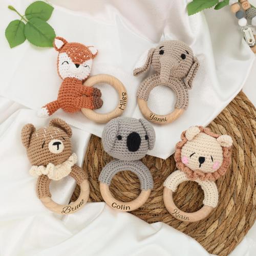 Personalized Animal Rattle with Babies Name/ Gift for Nephew/ Custom Baby Shower Gift/ Rattle Ring for Newborn Gift/ Name Engraving Rattle