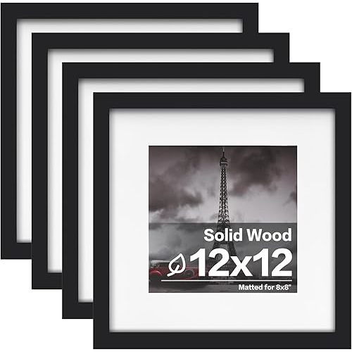Egofine 12x12 Frame, Made of Solid Wood with HD Plexiglass for Pictures 8x8 with Mat or 12x12 without Mat, Wall Mounting Display, Set of 4, Black