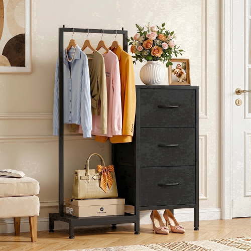 HIGDBFE Dresser with Hanging Rack, 3 Fabric Drawers Tall Sturdy Clothes Storage, Space Saving for Bedroom, Entryway, Black