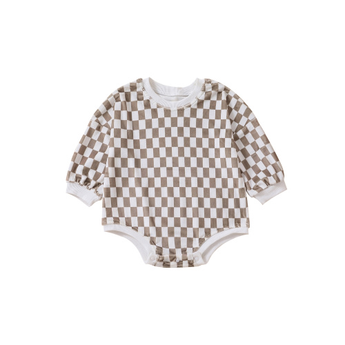 WakeUple Baby Neutral Clothes Checkerboard Crewneck Sweatshirt Romper Oversized Long Sleeve Plaid Bubble Bodysuit