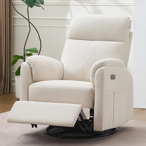 Power Glider Recliner Nursery Rocking Chair with USB Ports, Glider Chair with Lumbar Pillow for Living Room, Glider Swivel Recliner Chair for Nursery(Beige)