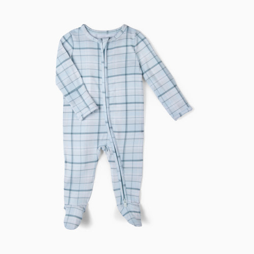Tiny Kind Bamboo Viscose Printed 2-Way Zip Footie - Blue Plaid, 0-3 M
