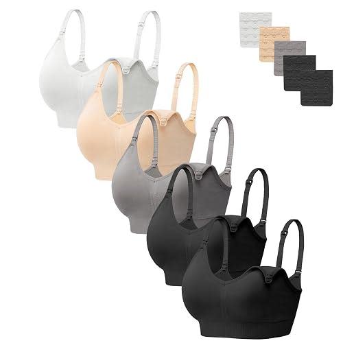HBselect Women Maternity Bras 5 Pack Nursing Bras for Breastfeeding | Seamless Pregnancy Sleep Bralette, Ultra Comfort Maternity Bra, Wireless Postpartum Breastfeeding Bra with Extra Extenders - Tamaño Small, Color 5pack(white/Nude/Grey/Black/Black)