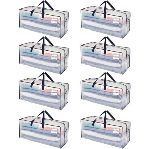 VENO 8 Pack Moving Bags w/Backpack Straps, Heavy Duty, Moving Boxes Alternative, Packing Supplies, Large Storage Totes for Dorm Room Essentials with Zipper for Clothes (Clear, 8 Pack)