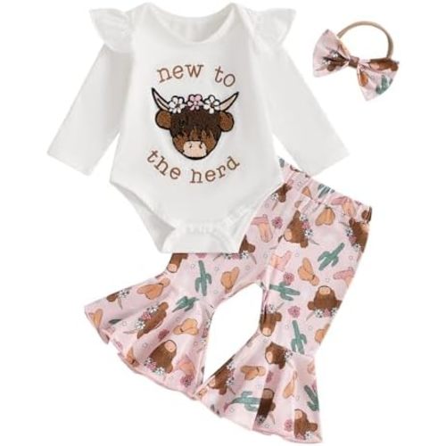 Newborn Baby Girl Western Outfit Cow Embroidery Long Sleeve Romper Bell Bottom Pants Headband Set 2Pcs Fall Clothes
