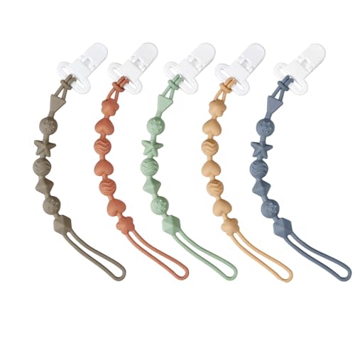 PandaEar 5 Pack Silicone Pacifier Clips, Pacifier Holder with One Piece Design for Baby Boys & Girls, Teething Toys Teethers