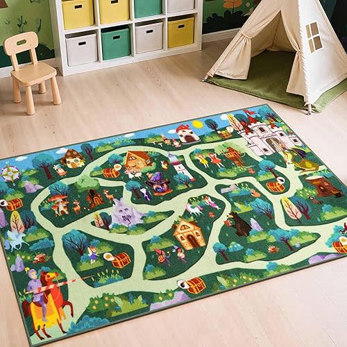LIVEBOX Whimsical Kids Playroom Rug, Washable Play Carpet Floor Mat for Boys Room, Girls Fantasy Adventure Forest Road Mats Non Slip (60" x 32", Green)