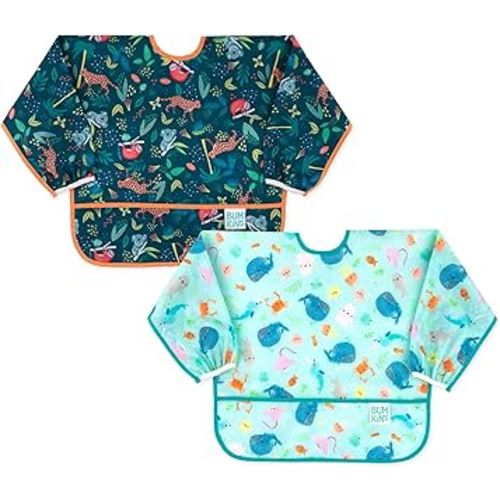 Bumkins - Sleeved Bib - For Boys & Girls, Babies & Toddlers 6-24 Months - Lightweight, Durable, Waterproof - Long Sleeve Bib - Catch-All Pocket - Wipeable & Machine Washable - Jungle & Ocean - 2 Pack