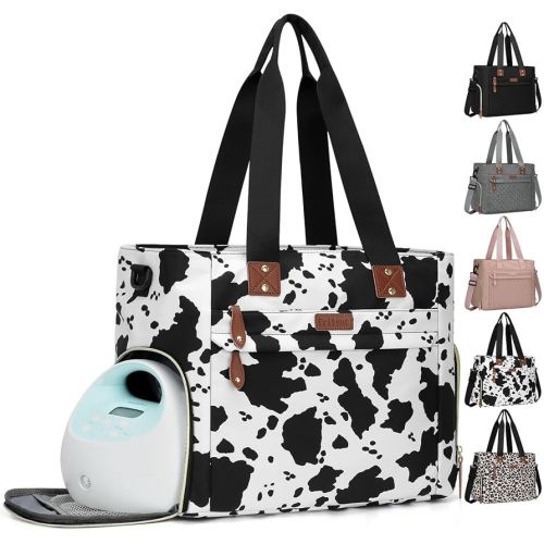 Diaper Bag Tote for Working Mom, Large Travel Diaper Tote for Mom and Dad with 15 Inch Laptop Sleeve, Mommy Maternity Travel Baby Bag for Boys and Girls, Cowprint