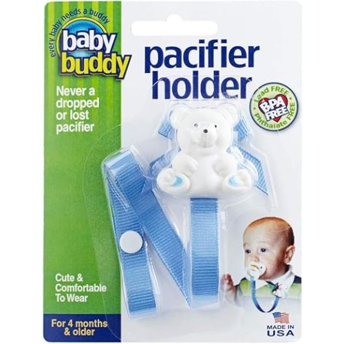 Baby Buddy Bear Pacifier Holder Clip Snaps to Paci, Teether, Toy, Clips onto Baby's Shirt, Pacifier Clip for Babies 4 Months and Up/Toddler Boys & Girls, Pacifier Holder, Blue, 1 Pack