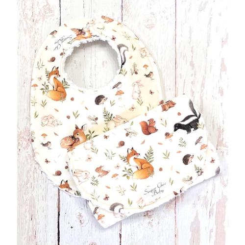 Woodland Forest Baby Bib & Burp Cloth Set - Gender Neutral - Super Absorbent Triple Layer Chenille -  Green - WOODLAND FOREST FRIENDS