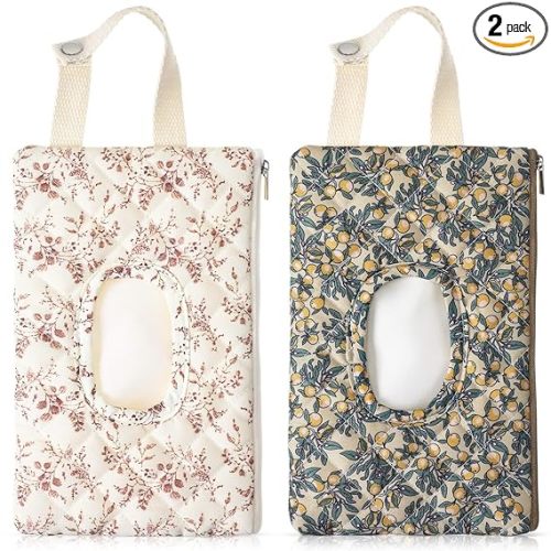 2 Pcs Quilted Diaper and Wipes Pouch Portable Hanging Floral Wet Wipe Bag Diaper Bag Reusable Wipes Pouch for for Stroller Car Travel Infant Diapering Organizer (Mixed Floral)