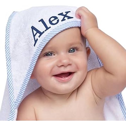 My Personal Memories Personalized Baby Hooded Bath Towel - Monogrammed for Girl and Boy - Embroidered (White with Blue)