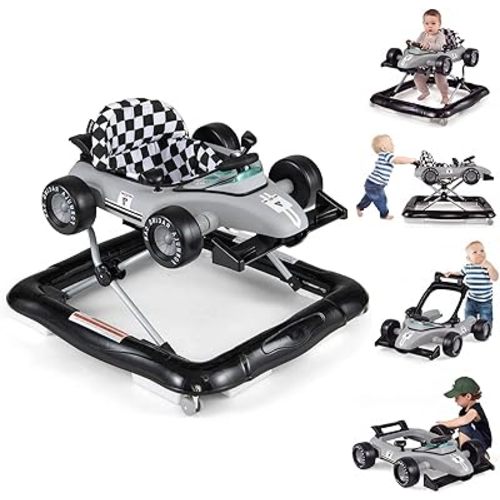 HONEY JOY Baby Walker, 4-in-1 Foldable Infant Activity Push Walker, Toddler Car Walker with Adjustable Heights, Music, Lights, Padded Seat, Baby Walker with Wheels for Boys Girls 6-18 Months (Gray)