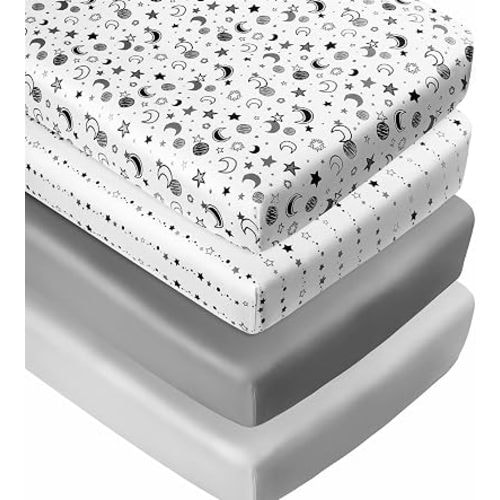 4 Pack Star and Moon Neutral Unisex Fitted Baby Crib Sheets Set for Baby Boys or Girls (White)