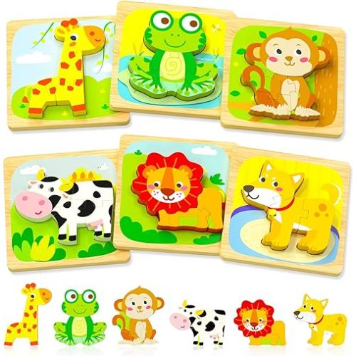 Benresive Wooden Toddler Puzzles, 6pcs Animal Montessori Toys for 1-3 Year Old Boys & Girls, Learning Educational Preschool Toys, Great Gifts for 1 2 3 Year Olds
