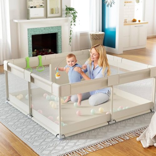 Fodoss Baby Playpen, Upgrade Playpen for Babies and Toddlers, 47x47inch Beige Play Pen for Babies with Hand Pulling Ring, Play Pen Center for Kids,Baby Fence,Kids Playards