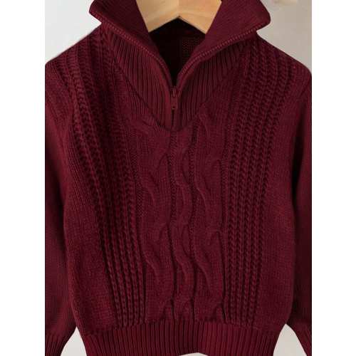 SHEIN Baby Boy/Girl Burgundy Autumn/Winter Collegiate Vintage Textured Intarsia Solid Color Knit Soft Mock Neck Zip-Up Long Sleeve Pullover Top, Soft & Comfortable For School, Home, Outings, New Year Baby Clothes Girl Fall Sweater Toddler Sweaters Baby Bo