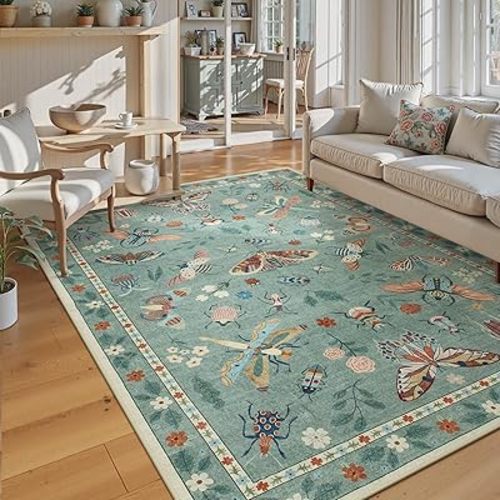 Lahome Insect Washable Area Rugs 5x7, Soft Green Rug for Living Room Bedroom Ultra-Thin Non-Shedding, Modern Stain Resistant Throw Large Carpet for Dining Room Kids Nursery(5'x7',Green)