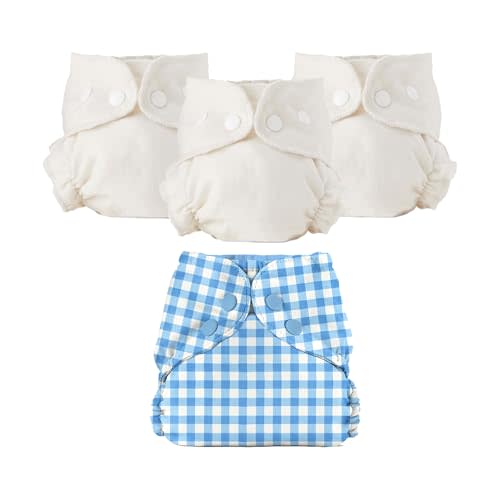 Esembly Cloth Diaper Bundle Set - 3 Organic Cotton Absorbent Inners and 1 Waterproof Outer Diaper Cover - Reusable, Washable, Snap Closure Cloth Diapers - Size 2 (18-35lbs), Gingham