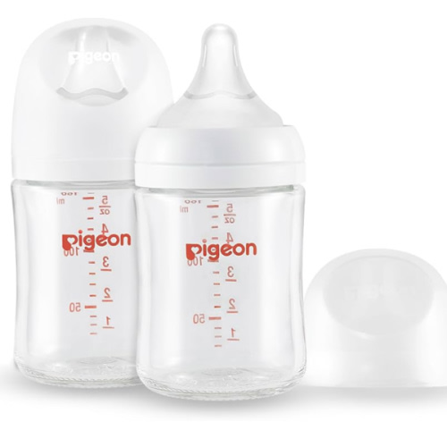 Pigeon Glass Nursing Bottle Wide Neck, Anti-Colic, Streamlined Body, Natural Feel, Easy to Clean, Heat-Resistant, 5.4 Oz (Pack of 2), Includes 2pcs SS Nipples (0m+)