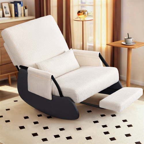 Primy Nursery Rocking Chair, Low-Seat Glider Chair, Upholstered Rocking Accent Chair Recliner with Side Pocket and Foot Rest for Mom Nursery Living Room Bedroom