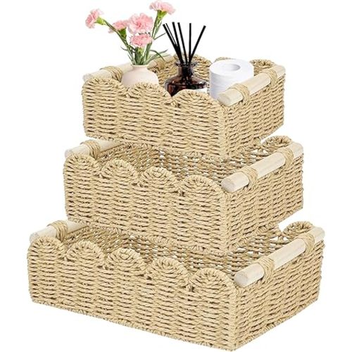 3 Pack Scalloped Edge Basket with Wood Handle, Wicker Woven Storage Basket Small Wicker Baskets Toilet Paper Baskets Paper Rope for Nursery & Bathroom Organization, 3 Size