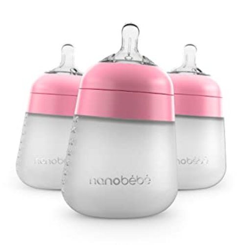 Nanobebe Flexy Silicone Baby Bottle, Anti-Colic, Natural Feel, Non-Collapsing Nipple, Non-Tip Stable Base, Easy to Clean, 3-Pack, Pink, 9oz