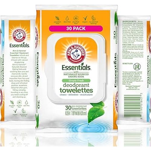 Arm and Hammer Face and Body Wipes for Adults - Deodorant Towelettes 30 Sheets for Women - Shower Wipes for Traveling, Camping, Gym, and Bathing - Alcohol-Free Face Sheets (Simply Fresh)