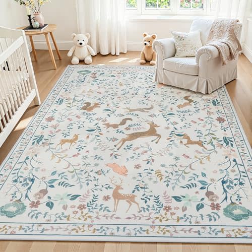 5x7 Area Rugs Boho Floral Washable Living Room Rug Neutral Carpet Nursery | Cream, Animal, Bedroom, Farmhouse, Playroom, Kids, Soft, Non-Slip, Non-Shedding, Stain Resistant, Dining Room, Flower, Indoor