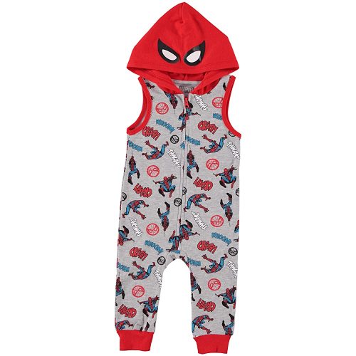Spiderman Baby Boys Romper with Hooded Jumpsuit - Marvel Avengers Baby Boy's Outfit (Grey/Red/Blue, 0-3 Months)