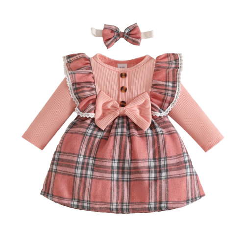 vdgthytj Toddler Baby Girl Dress Plaid Bowknot Round Neck Long Sleeve Fall Winter Dress with Headband Set