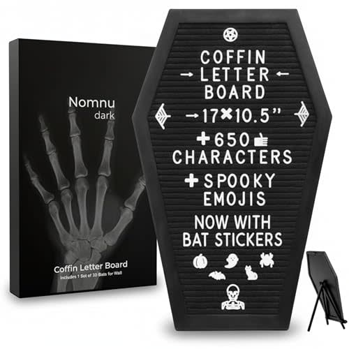 Nomnu Coffin Letter Board Black +3D Bat Stickers +650 Characters, Spooky Seasonal Emojis, Wooden Stand - 17x10.5 Inches - Coffin Shaped Goth Decor Sign Halloween Decorations Gothic Decor Birthday Home Spooky Gifts