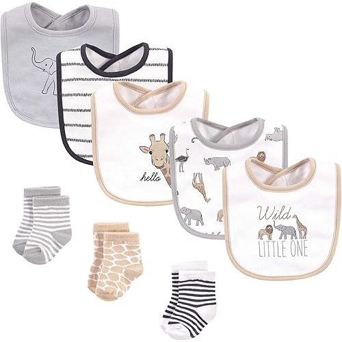 Hudson Baby Unisex Baby Cotton Bib and Sock Set, Modern Safari Animals, One Size