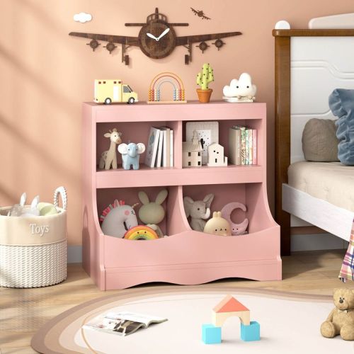Costway Toy Storage Organizer for Toys & Books 4-Cubby Kids Bookcase for Children's Room Pink