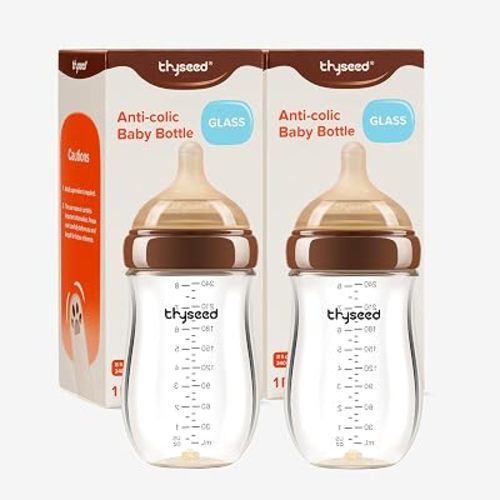 Thyseed Anti-Colic Glass Baby Bottle for Breastfed Infants, Natural Feeding, Breast-Like Newborn Slow Flow Nipple (3m+), 8 oz, 2 Pack