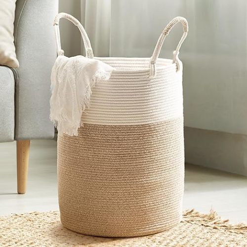 Laundry Basket Hamper – Woven Cotton Rope Nursery Hamper for Clothes, Blankets, Yoga Mat – Boho Basket for Living Room – 15”D x 18”H – White & Beige Brown
