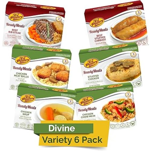 KJ Poultry Kosher Ready Meals - (6 Pack Divine Variety - Beef & Chicken) Prepared Entree Fully Cooked, Shelf Stable Microwave Dinner Travel Military Camping Emergency Survival Protein