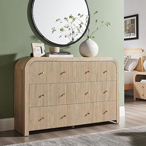 T4TREAM Fluted 6 Drawers Dresser for Bedroom, 54" Wide Modern Chest of Drawers with Thickened Curved Profile Design, Wood Dressers TV Stand for Bedroom, Living Room, Hallway, Natural Oak