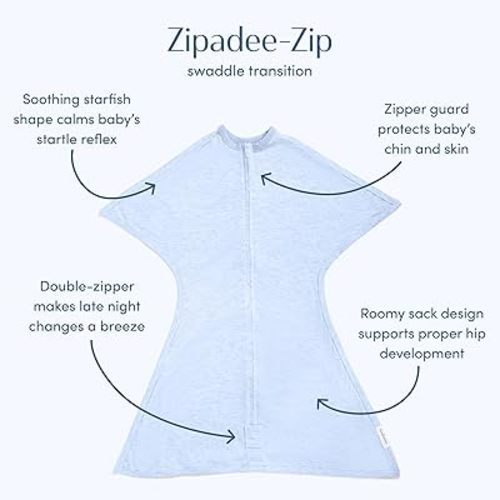 SleepingBaby Zipadee-Zip Transition Swaddle - Cozy Baby Swaddling Blanket with Zipper Convenience - Roomy Wearable Blanket for Easy Diaper Changes - Large - Baseline Blue Heather